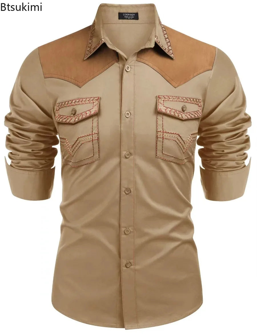 Chemise style cowboy western pour homme, printemps-automne 2025, manches longues, revers, vĂȘtements dĂ©contractĂ©s et tendance