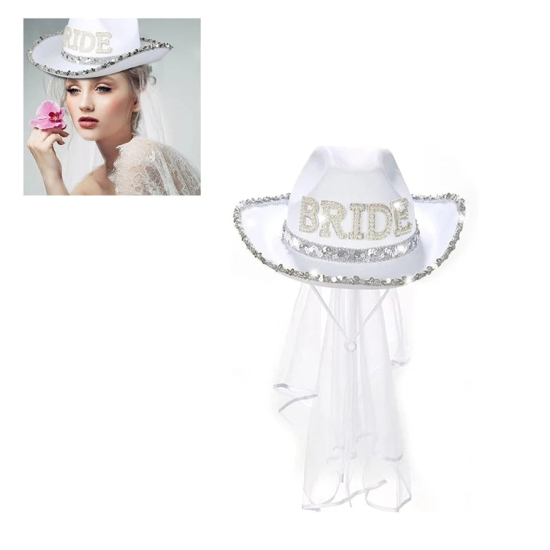 Chapeau de mariée amusant de cow-boy avec voile en maille et strass, chapeau à large bord pour enterrement de vie de jeune fille, accessoires de fête de mariage