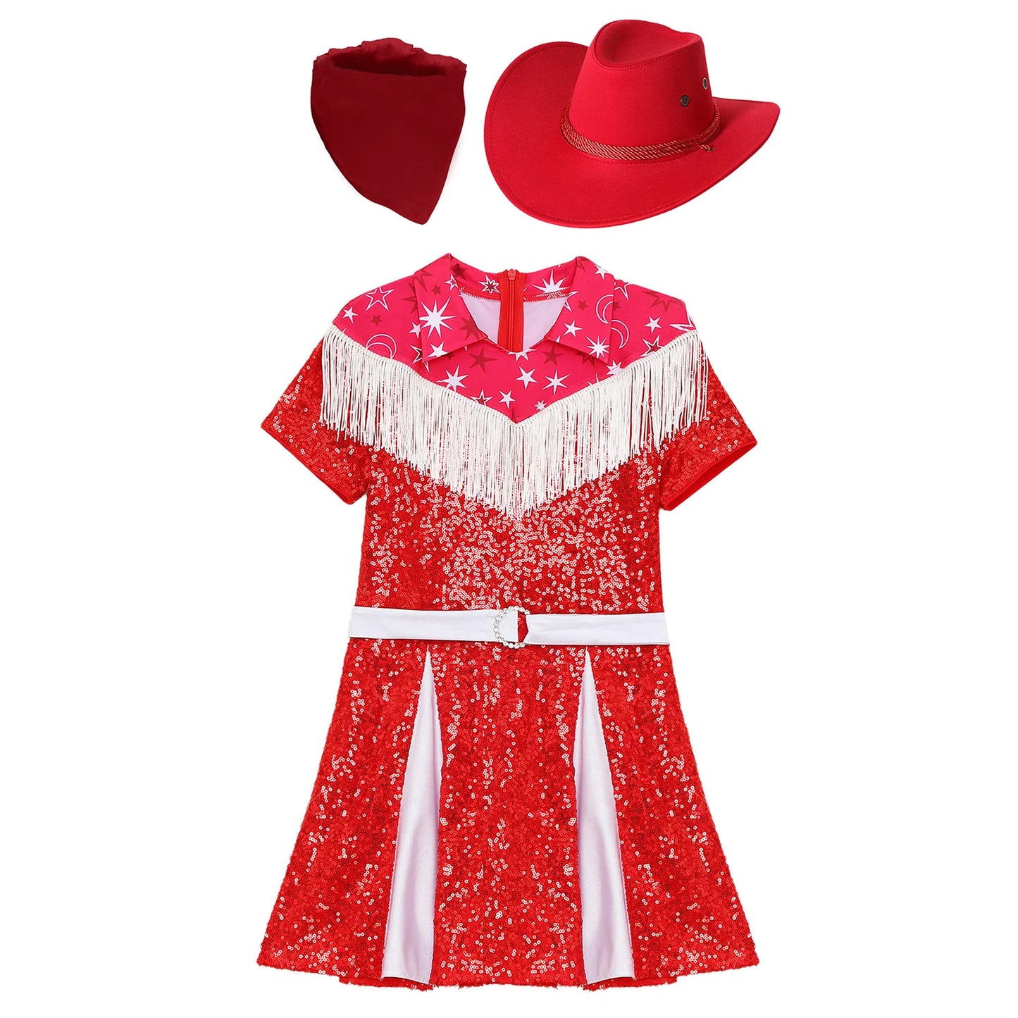 Costume de cow-girl western 3 pièces pour fille, robe plissée à paillettes avec chapeau de cowboy et bandana, pour Noël, Halloween, fête