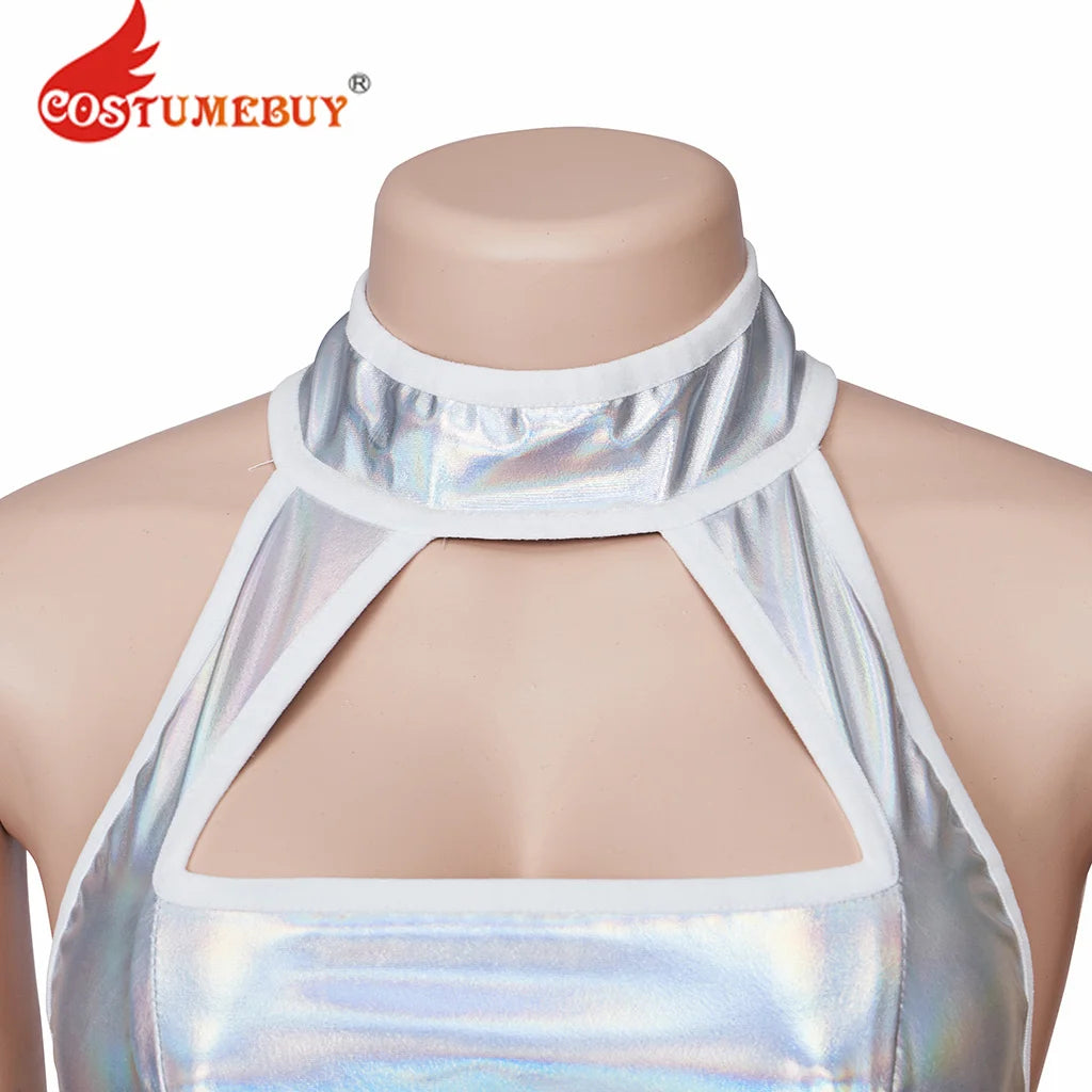 Austin Powers Elizabeth Hurley Cosplay Costume Sexy Femme Vanessa Kensington Argent Bretelles Dos Nu Slim Mini Robe pour Halloween