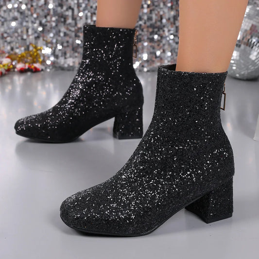 Bottines tendance pour femme, bottines brillantes, tendance, décontractées, talons hauts, chaussures de luxe, de créateur, collection hiver 2025
