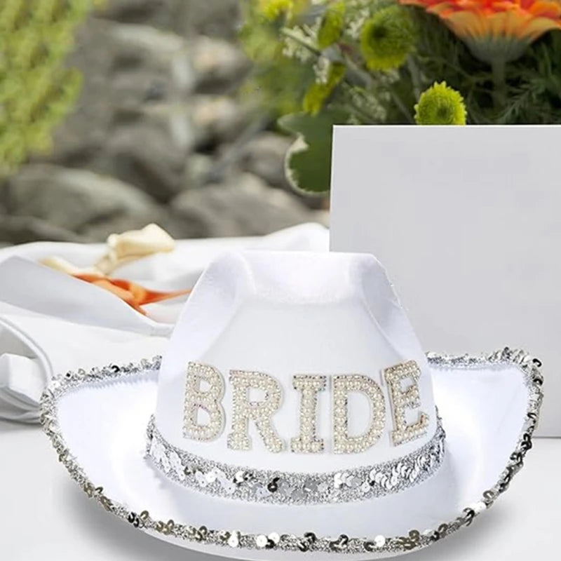 Chapeau de mariée amusant de cow-boy avec voile en maille et strass, chapeau à large bord pour enterrement de vie de jeune fille, accessoires de fête de mariage
