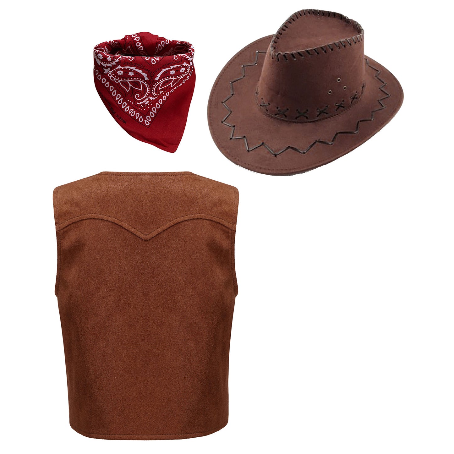 Gilet de cowboy western pour garçon, costume hippie cosplay, ourlet à franges, gilet ouvert sur le devant avec bandana et chapeau en feutre à cordon