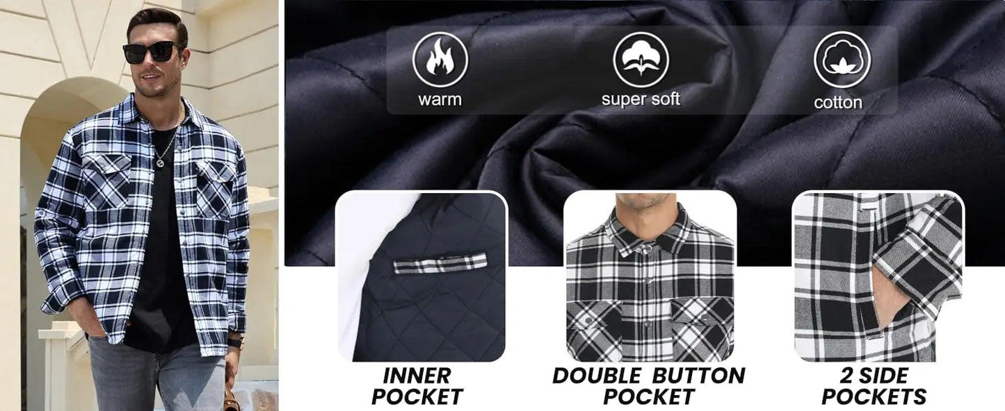 TACVASEN Veste d'hiver en coton Ă  carreaux pour homme, manches longues, matelassĂ©e, doublĂ©e, en flanelle, multi-poches, vĂȘtements d'extĂ©rieur, manteaux de randonnĂ©e