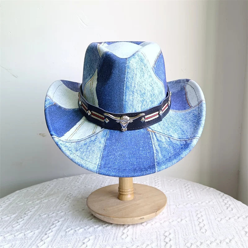 Chapeau de cowboy de style ethnique, tendance, chic, unisexe, couleur unie, avec décoration en forme de taureau, style western