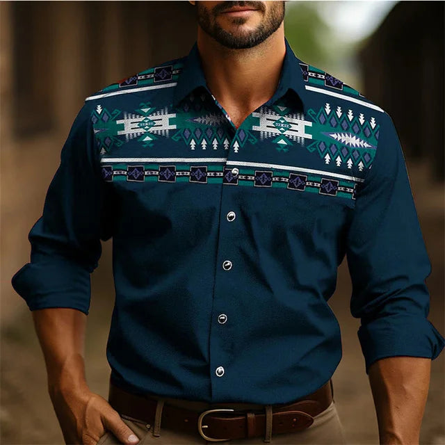 Chemise à manches longues style occidental pour homme, coupe ajustée, décontractée, confortable, simple, tenue sociale, style national rétro, style tribal