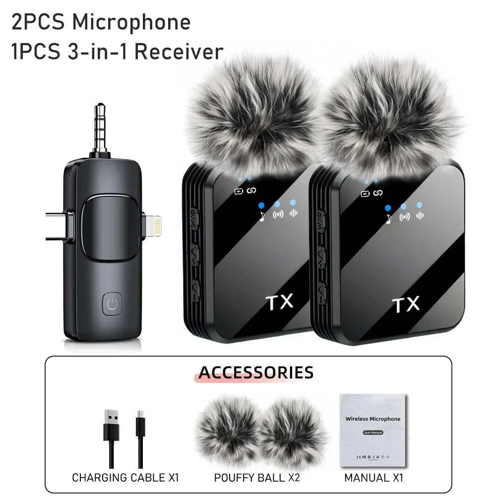 Wireless lapel microphone portable audio and video recording mini microphone suitable for iPhone, Android outdoor live streaming