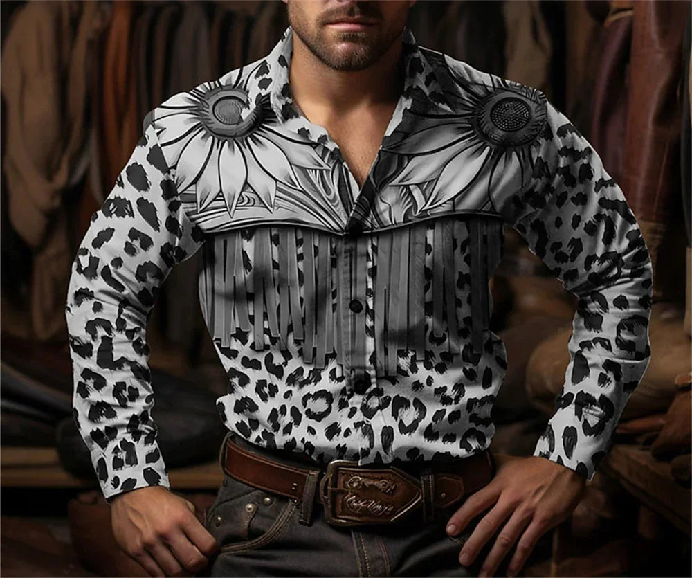 Chemise à manches longues à imprimé floral de cow-boy occidental pour le printemps et l'été, chemise à col pour homme en tissu doux et confortable
