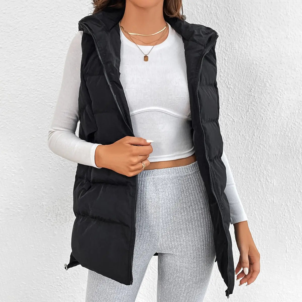 Veste en coton de couleur unie pour femme,  avec capuche et fermeture éclair longue