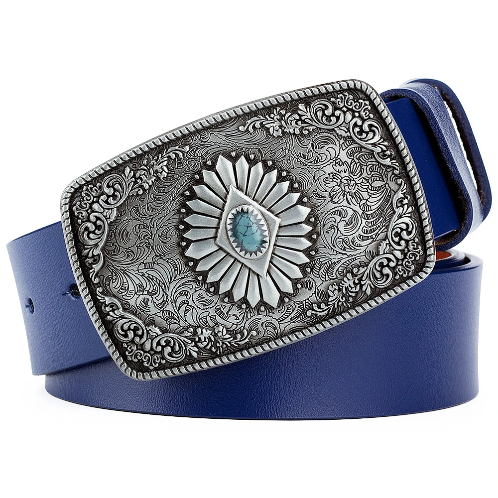 Ceinture classique en cuir véritable avec boucle en émail saphir et motif floral sculpté en argent pour femmes et hommes, cadeau
