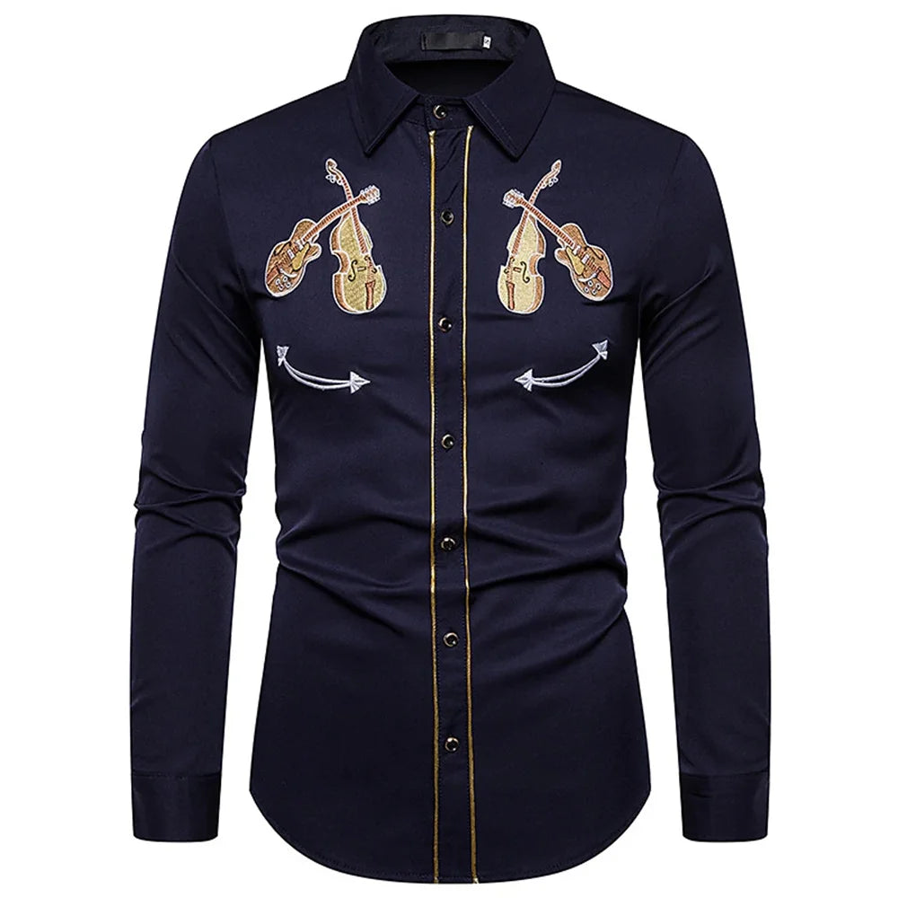 Chemise de style occidental pour hommes, motif d'instrument de musique, imprimĂ© bouton Ă  manches longues de rue, vĂȘtements de sport de rue Ă  la mode