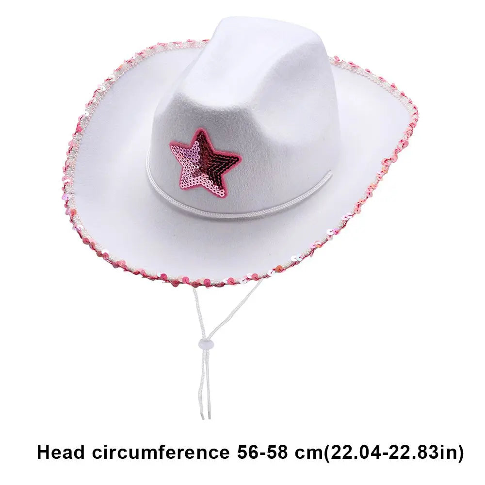 Chapeau de cow-girl blanc, chapeau de cow-girl étoile rose avec bordure à paillettes, frange, cou réglable, cordon de serrage, chapeau de cowboy adulte pour fête costumée