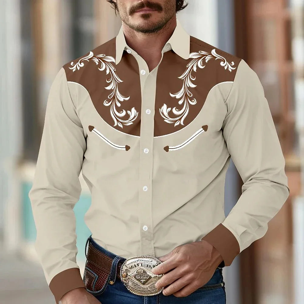 Chemise à manches longues à imprimé floral de cow-boy occidental pour le printemps et l'été, chemise à col pour homme en tissu doux et confortable