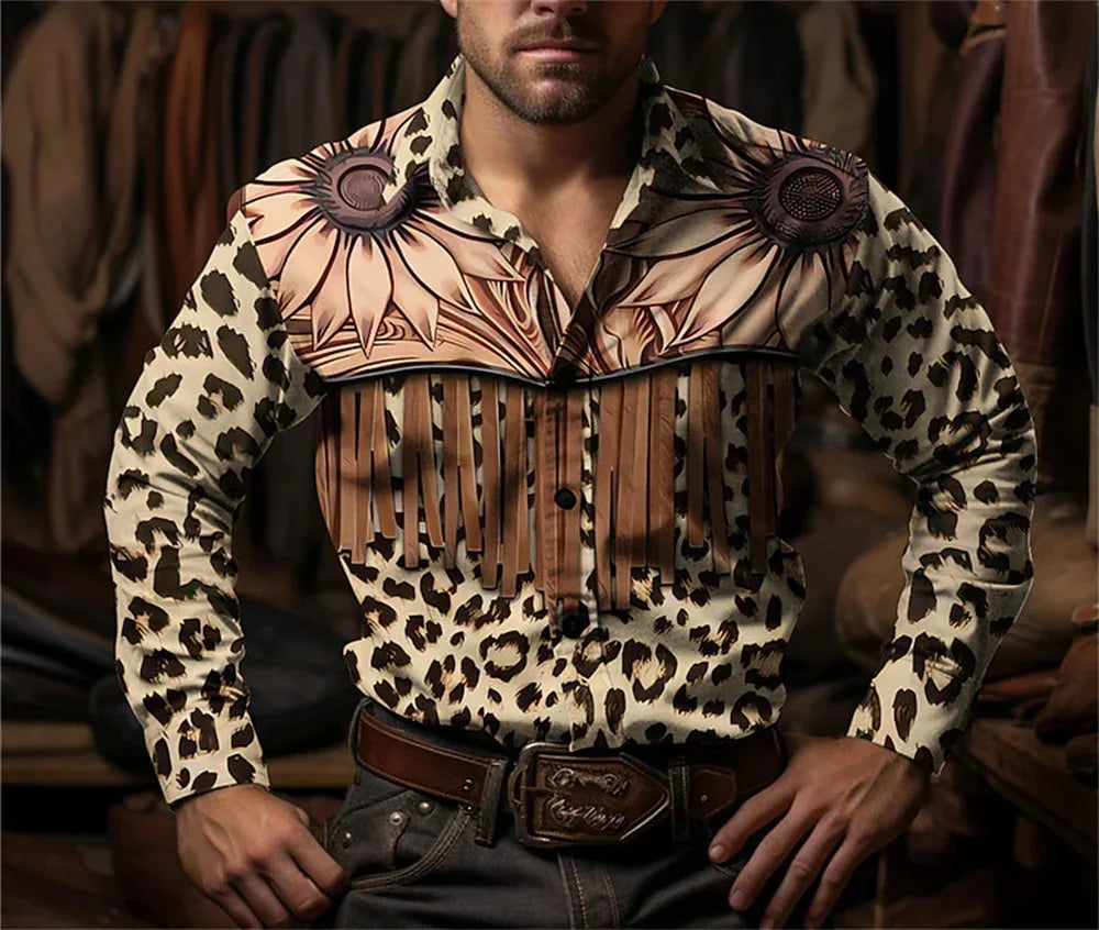 Chemise à manches longues à imprimé floral de cow-boy occidental pour le printemps et l'été, chemise à col pour homme en tissu doux et confortable