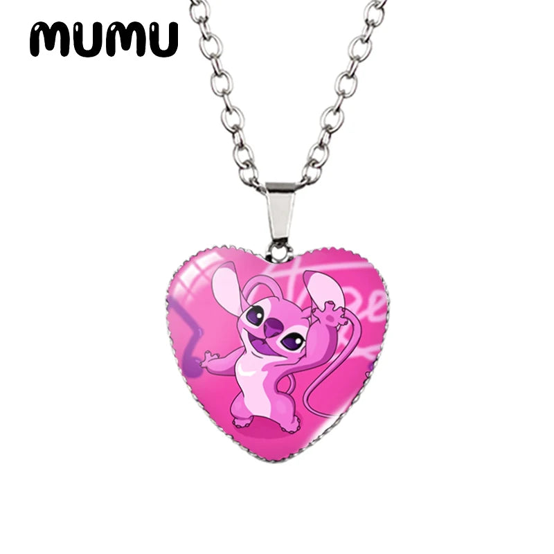 Collier Lilo Stitchou Angle Heart en verre imprimé avec pendentif photo, bijoux faits à la main, cadeaux pour enfants, nouveauté 2024