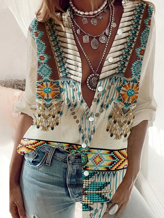 Chemise à manches longues pour femme, style ethnique occidental, imprimé, mode, sexy, décontractée, slim