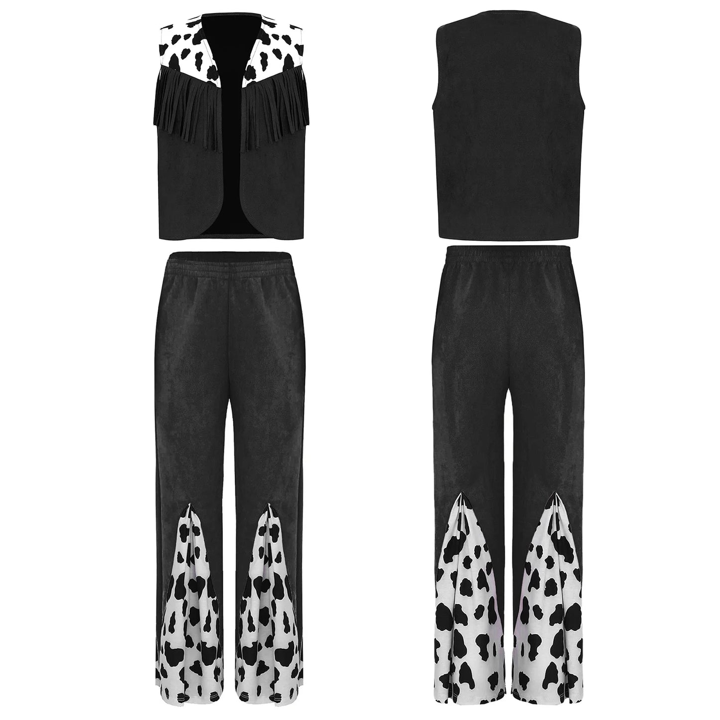 Kids Child Halloween Western Cowboy Cowgirl Cosplay Costume Cow Print Tassels Vest and Flared Pants Set Carnival Party Dress Up