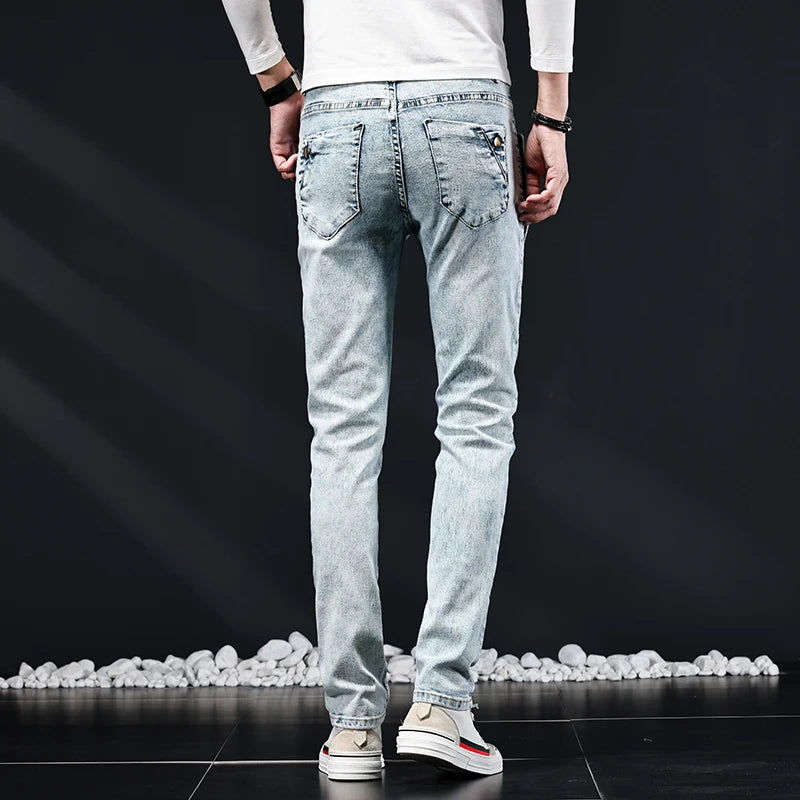 Jean slim slim pour homme, nouveau design élastique coréen, mode multi-boutons, bleu, blanc, délavé vintage, coton extensible, pantalon en denim