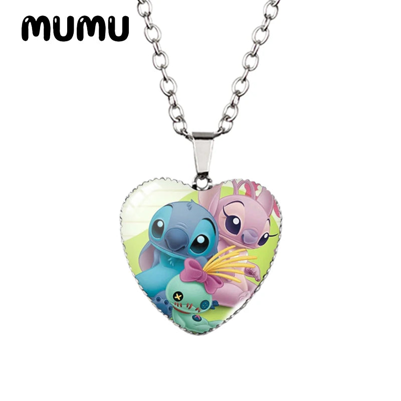 Collier Lilo Stitchou Angle Heart en verre imprimé avec pendentif photo, bijoux faits à la main, cadeaux pour enfants, nouveauté 2024
