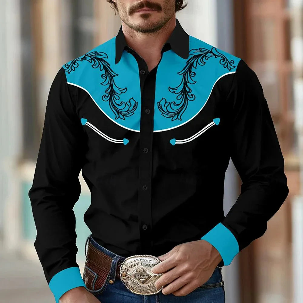 Chemise à manches longues à imprimé floral de cow-boy occidental pour le printemps et l'été, chemise à col pour homme en tissu doux et confortable