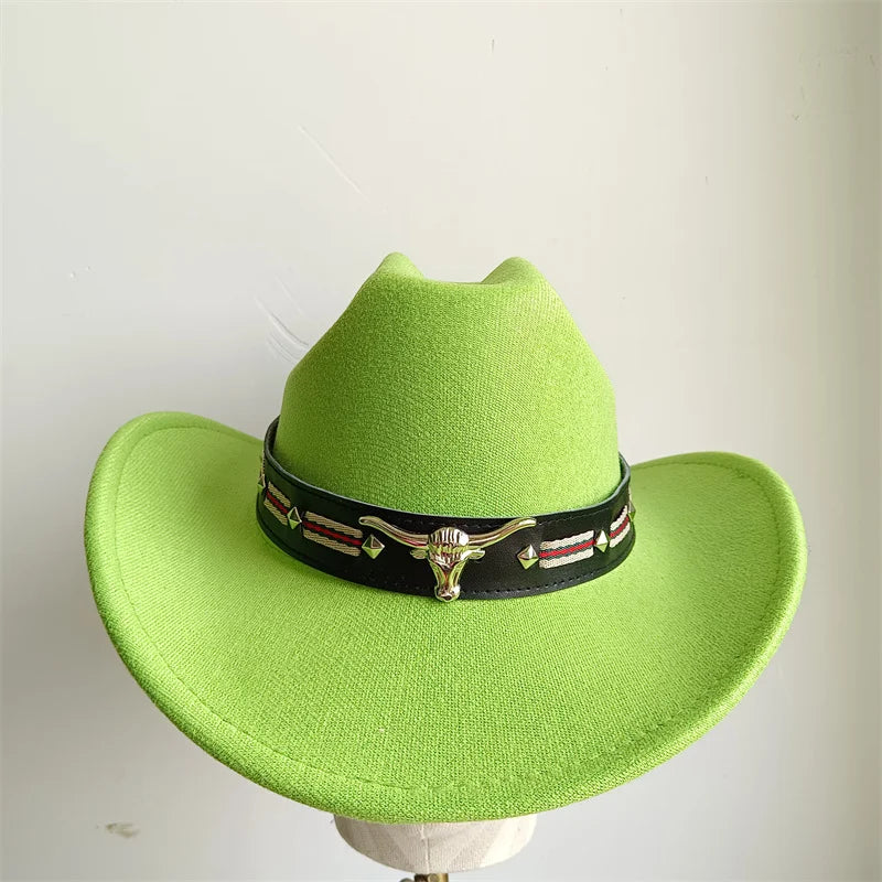 Chapeau de cowboy de style ethnique, tendance, chic, unisexe, couleur unie, avec décoration en forme de taureau, style western