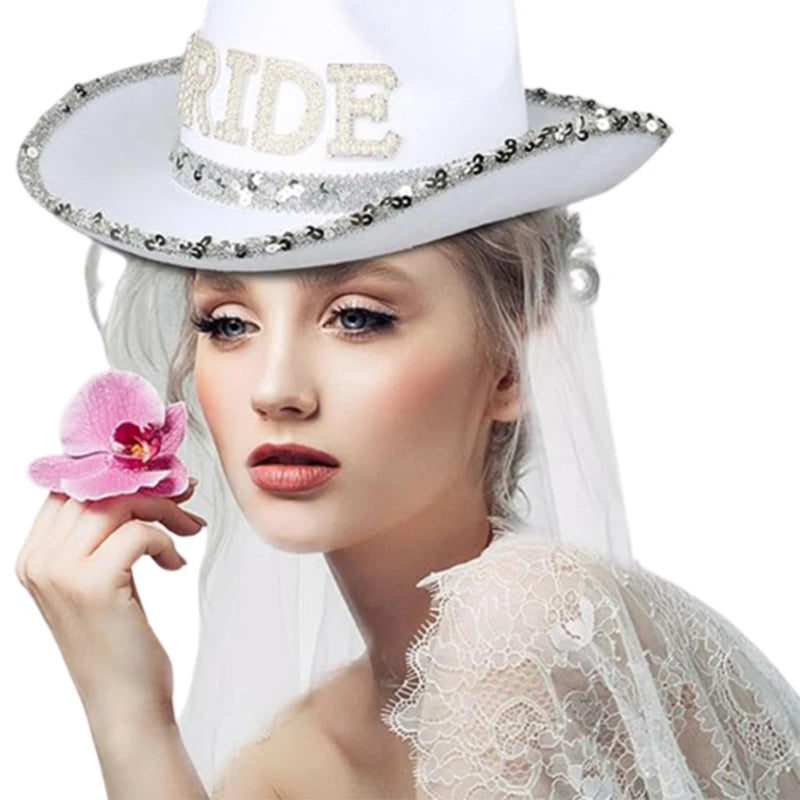 Chapeau de mariée amusant de cow-boy avec voile en maille et strass, chapeau à large bord pour enterrement de vie de jeune fille, accessoires de fête de mariage