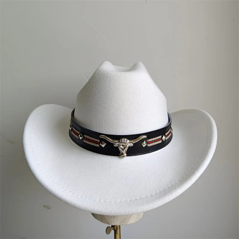 Chapeau de cowboy de style ethnique, tendance, chic, unisexe, couleur unie, avec décoration en forme de taureau, style western