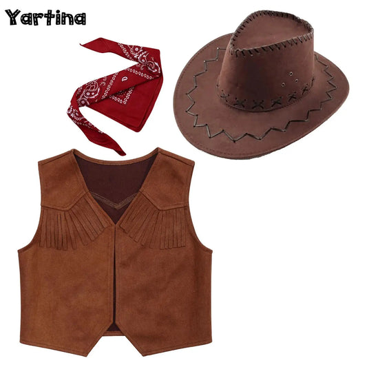 Gilet de cowboy western pour garçon, costume hippie cosplay, ourlet à franges, gilet ouvert sur le devant avec bandana et chapeau en feutre à cordon