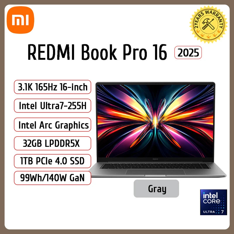 【2025 New】Xiaomi Laptop REDMI Book Pro 16 2025 Ultra5-225H Ultra7-255H/32GB/1TB/3.1K/165Hz Grey