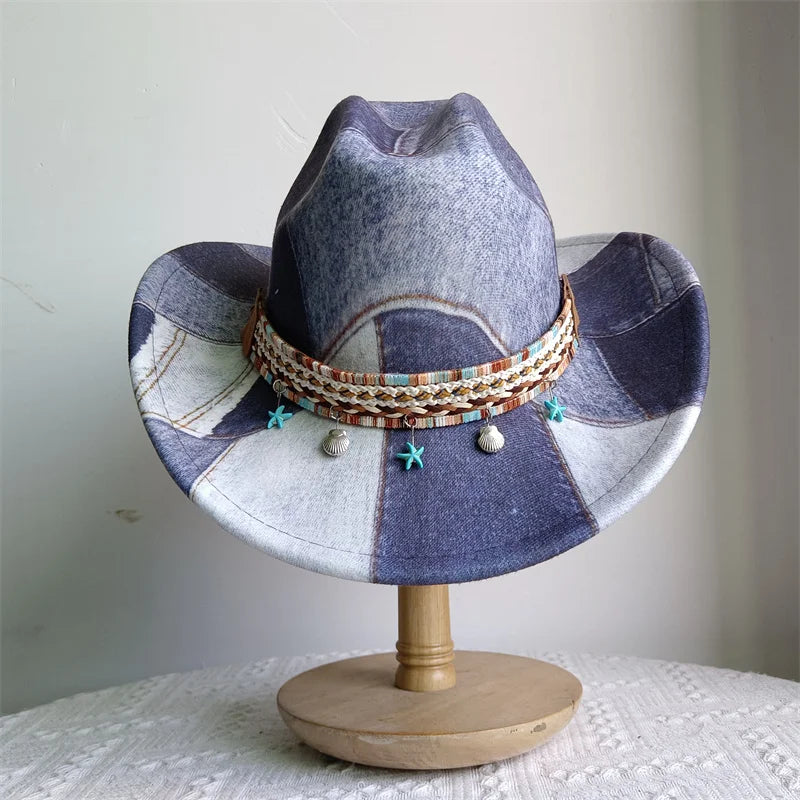Chapeau de cowboy de style ethnique, tendance, chic, unisexe, couleur unie, avec décoration en forme de taureau, style western