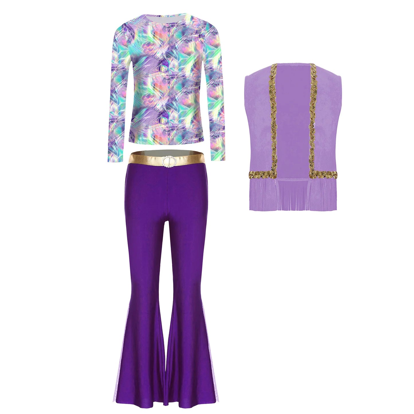 Girls Halloween Disco Hippie Western Cowgirl Carnival Cosplay Costume Printed Shirt Tops with Tassels Vest And Flared Pants Set