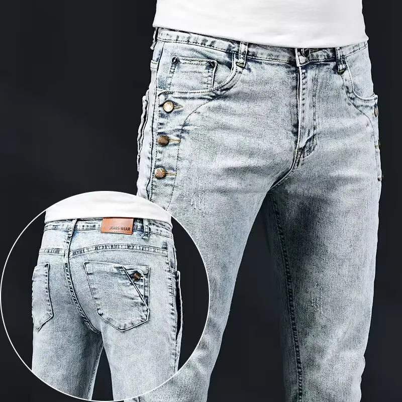Jean slim slim pour homme, nouveau design élastique coréen, mode multi-boutons, bleu, blanc, délavé vintage, coton extensible, pantalon en denim