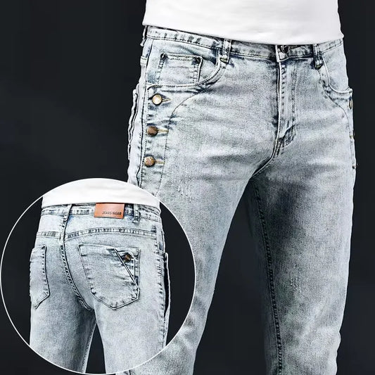 Jean slim slim pour homme, nouveau design élastique coréen, mode multi-boutons, bleu, blanc, délavé vintage, coton extensible, pantalon en denim
