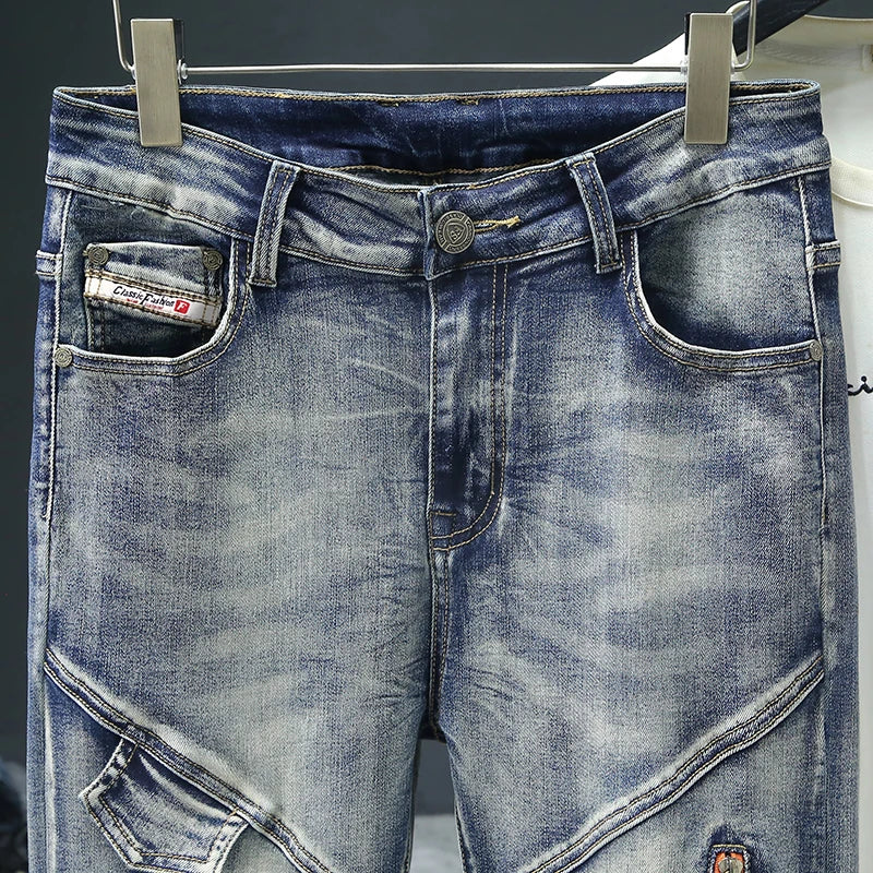 Jean rétro pour homme, slim, élastique, fermeture éclair, pantalon crayon skinny, style Harajuku, hip-hop, rock, moto, streetwear