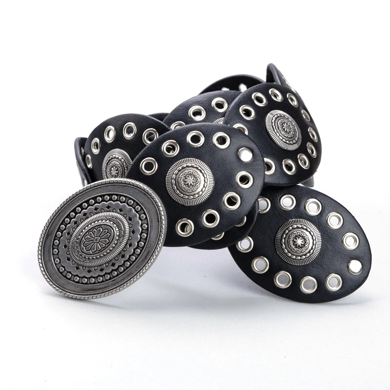 Ceintures pour femmes, style cow-girl, style cowboy, Ćillets ovales en PU Ă©vidĂ©s, style punk, accessoire de dĂ©coration de taille rĂ©tro, ceinture sur vĂȘtements