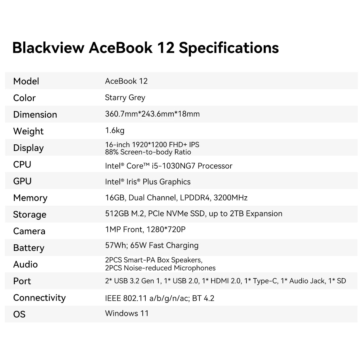 Ordinateur portable Blackview AceBook 12 Win 11 16'' FHD IPS, Intel I5-1030NG7, 16 Go de RAM, 512 Go de SSD, bouton d'alimentation 2 en 1 avec empreinte numérique