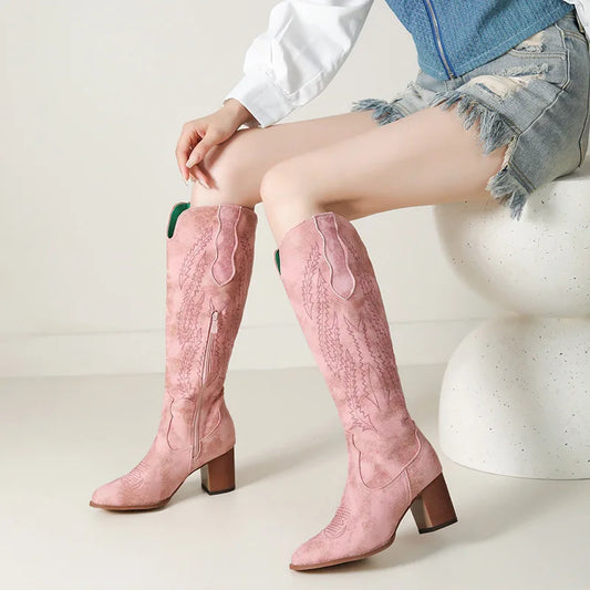 Bottes de cavaliÚre roses style western, bottes de cowboy pointues mi-mollet, bottes en cuir à gros talon brodées pour femmes