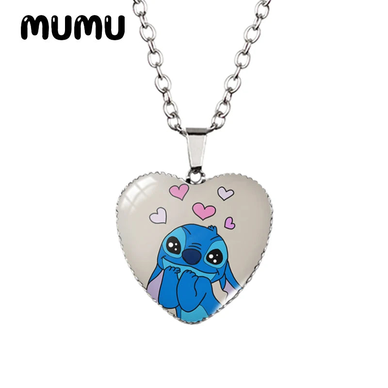 Collier Lilo Stitchou Angle Heart en verre imprimé avec pendentif photo, bijoux faits à la main, cadeaux pour enfants, nouveauté 2024