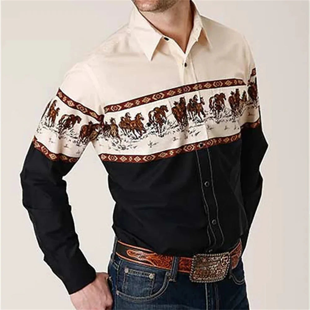 Chemise à manches longues à imprimé floral de cow-boy occidental pour le printemps et l'été, chemise à col pour homme en tissu doux et confortable