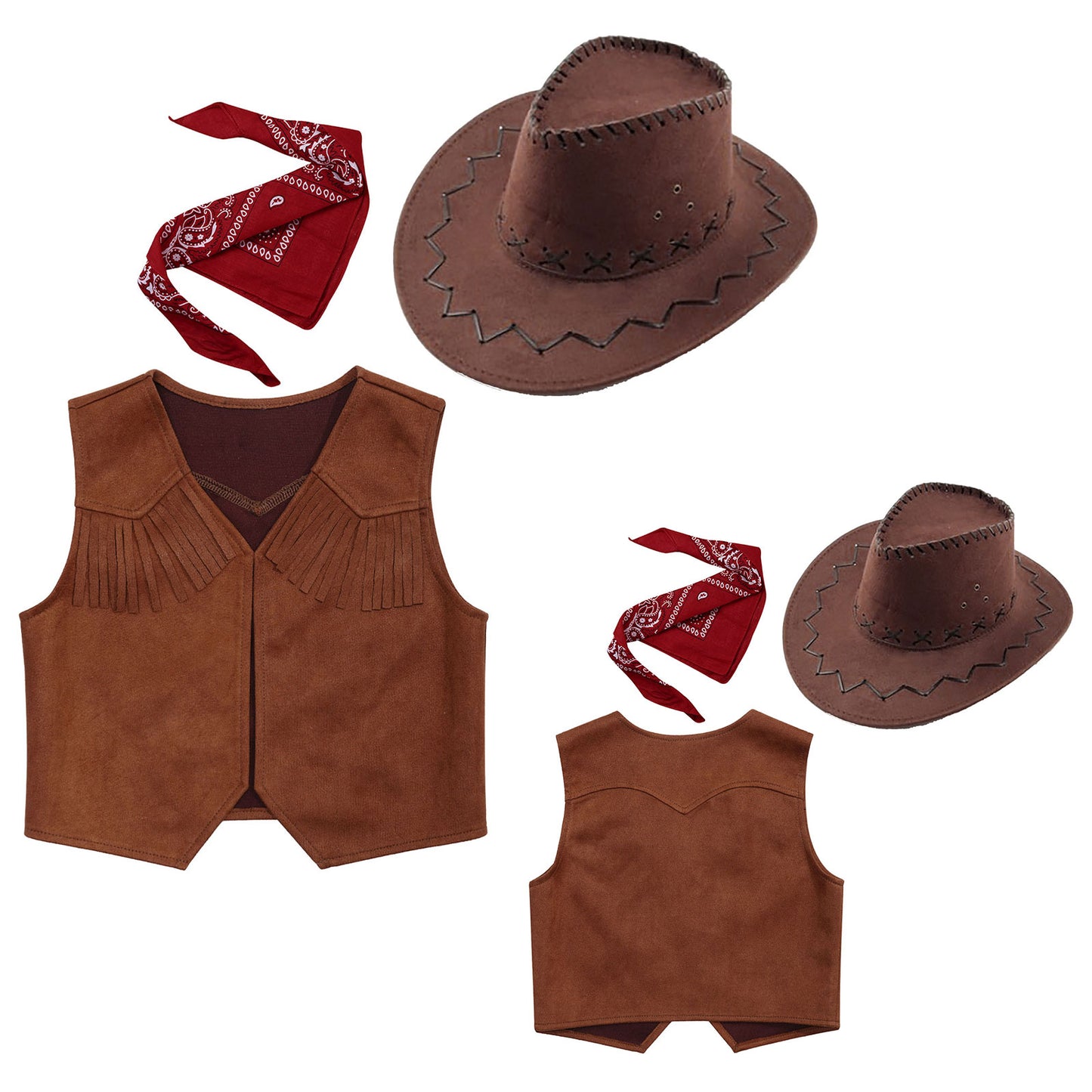 Gilet de cowboy western pour garçon, costume hippie cosplay, ourlet à franges, gilet ouvert sur le devant avec bandana et chapeau en feutre à cordon