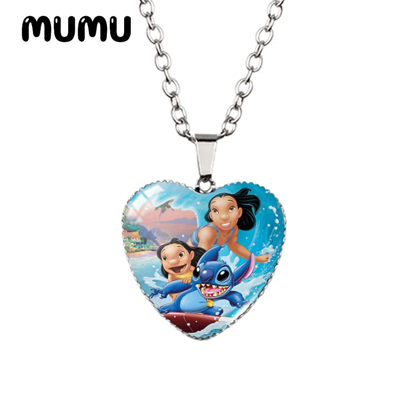 Collier Lilo Stitchou Angle Heart en verre imprimé avec pendentif photo, bijoux faits à la main, cadeaux pour enfants, nouveauté 2024