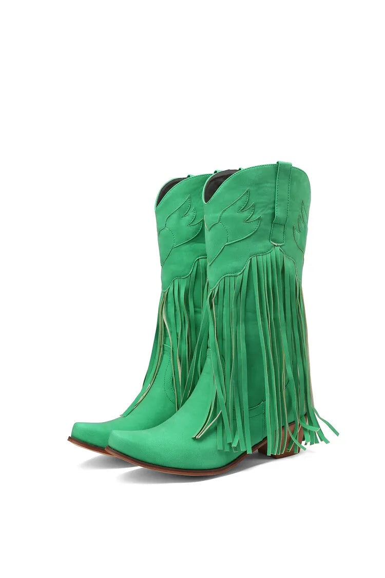 Nouvelles bottes de cowboy rétro ethniques pour femmes avec pompon à talon moyen, chaussures d'hiver pour femmes