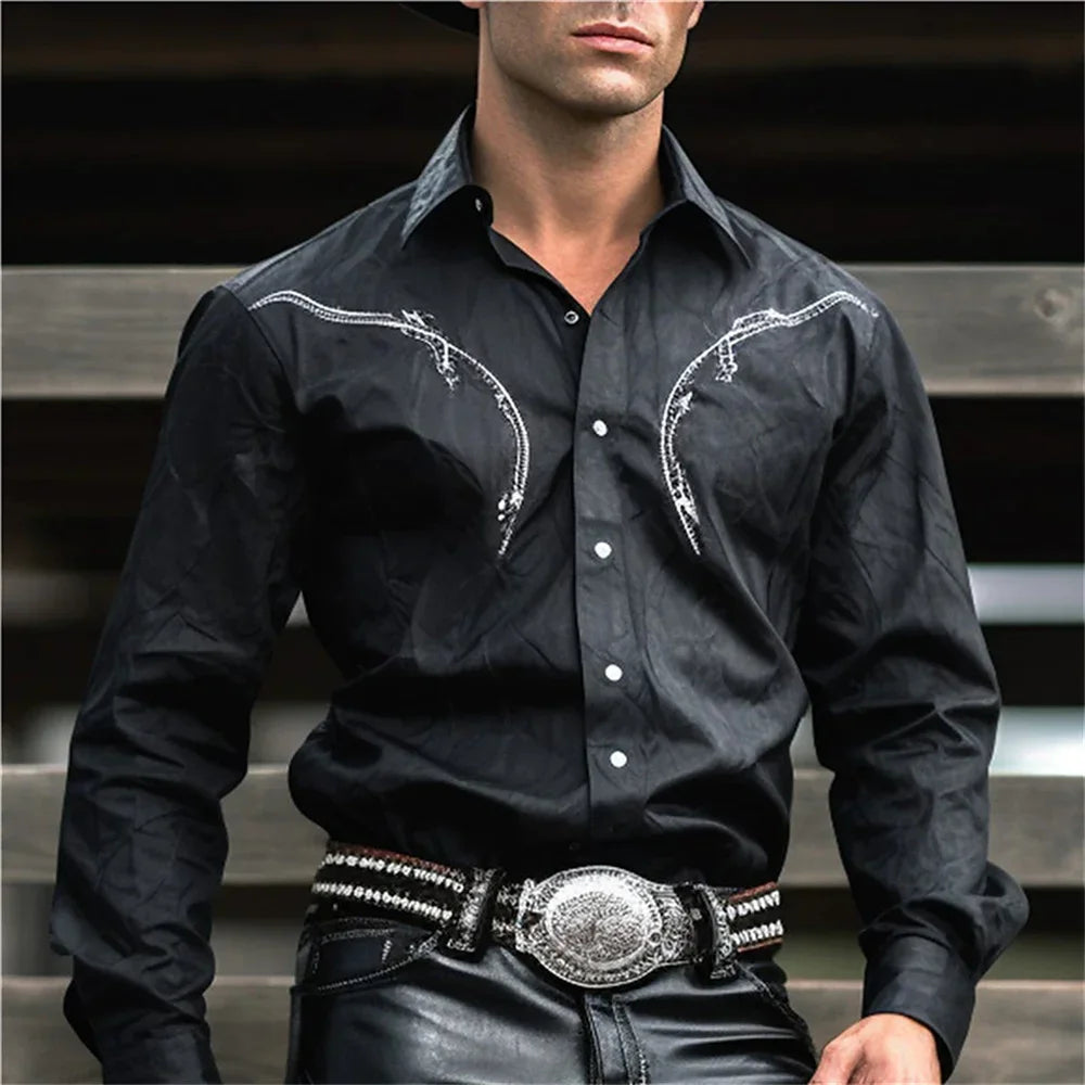 Chemise à manches longues à imprimé floral de cow-boy occidental pour le printemps et l'été, chemise à col pour homme en tissu doux et confortable