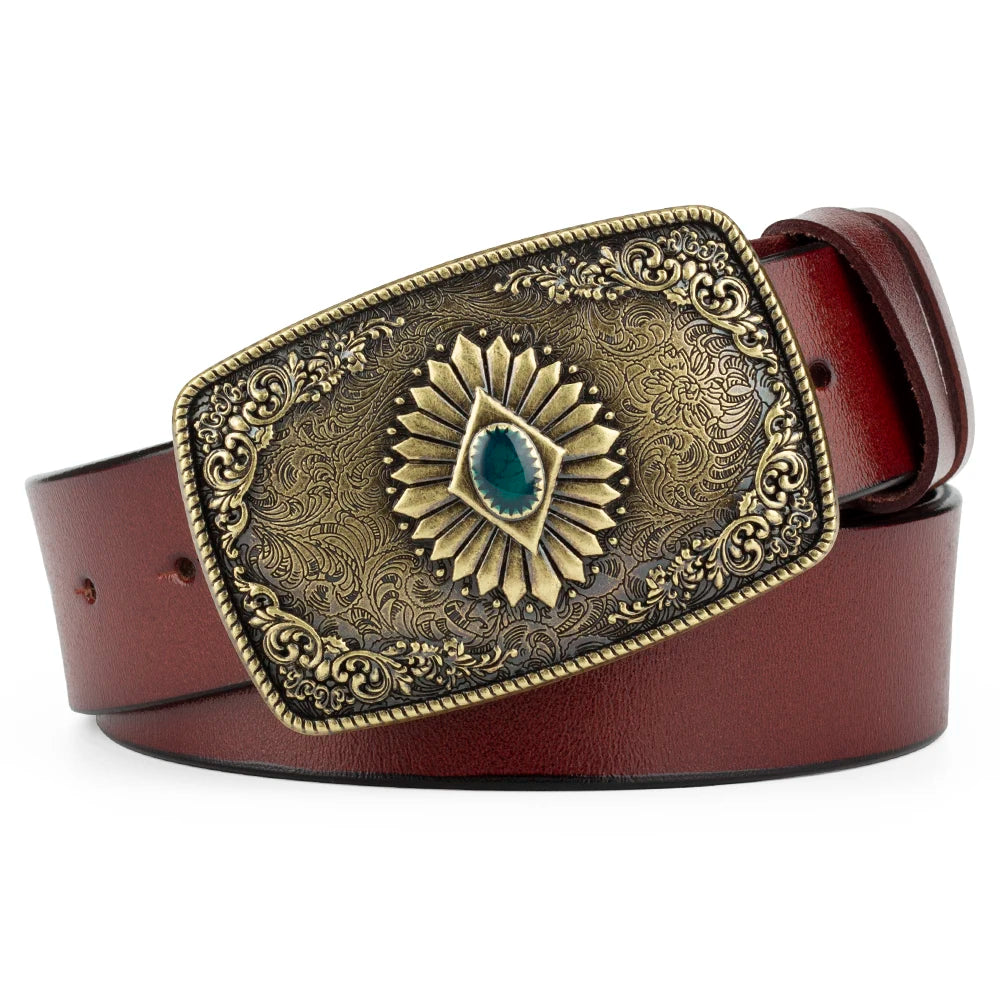 Ceinture classique en cuir véritable avec boucle en émail saphir et motif floral sculpté en argent pour femmes et hommes, cadeau