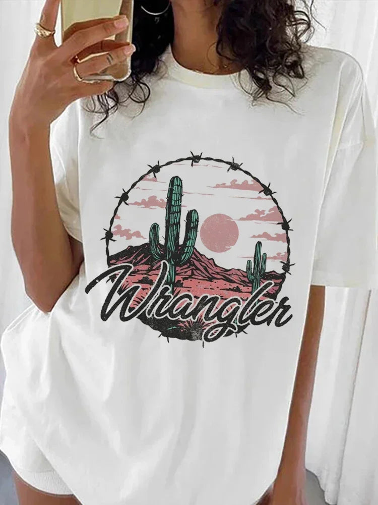 Chemise western en détresse, imprimé dessin animé tendance, nouveau style d'été, voyage et loisirs, col rond, haut basique et polyvalent pour femme, imprimé T-S