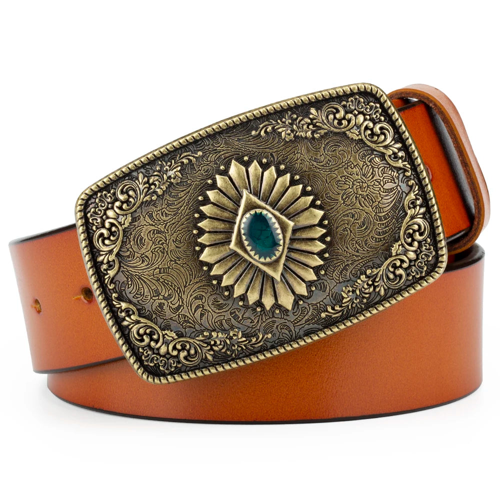 Ceinture classique en cuir véritable avec boucle en émail saphir et motif floral sculpté en argent pour femmes et hommes, cadeau