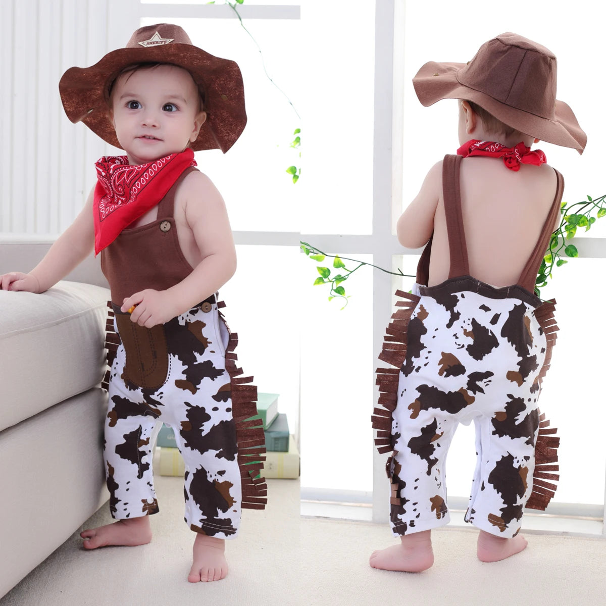 Baby Boys Cowboy Costume Halloween Western Cospaly Clothing Rodeo Birthday Party Clothes Plaid Romper Sets with Scarf and Hat