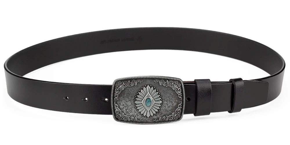 Ceinture classique en cuir véritable avec boucle en émail saphir et motif floral sculpté en argent pour femmes et hommes, cadeau