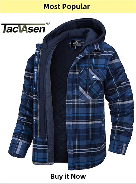 TACVASEN Veste d'hiver en coton Ă  carreaux pour homme, manches longues, matelassĂ©e, doublĂ©e, en flanelle, multi-poches, vĂȘtements d'extĂ©rieur, manteaux de randonnĂ©e