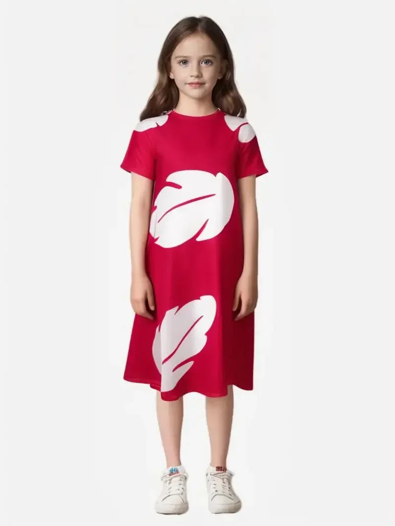 2025 Halloween Costume de Cosplay Lilo  pour filles, robe d'été hawaïenne à motif de feuilles de dessin animé, rouge